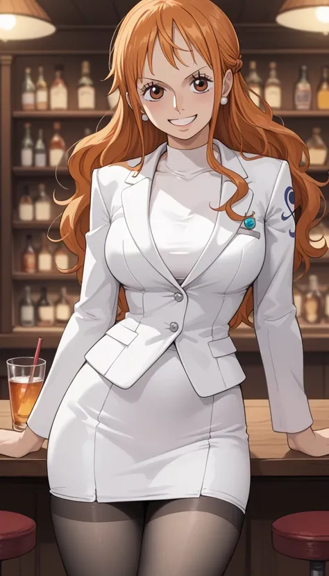 score_9, score_8_up, score_7_up, source_Anime Top Quality、8k、 masterpiece、super high accuracy、 natural light、perfect anatomy、one woman、medium breasts、saggy breasts:1.5、one piece、nami、orange hair、( Happy Expression )、white tight elegant suit、white tight jac...