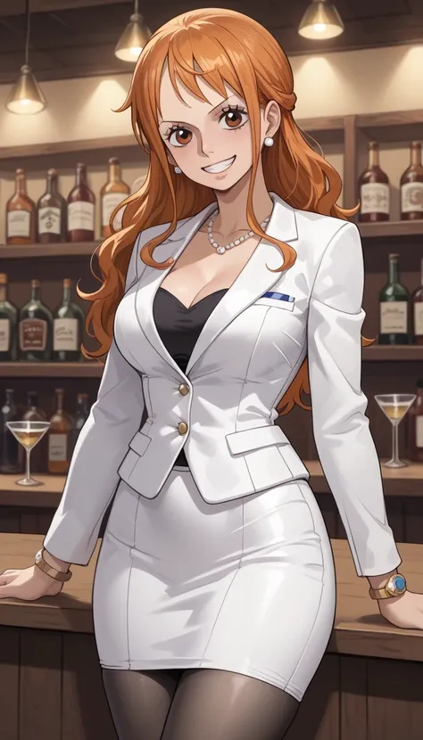 score_9, score_8_up, score_7_up, source_Anime Top Quality、8k、 masterpiece、super high accuracy、 natural light、perfect anatomy、one woman、medium breasts、saggy breasts:1.5、one piece、nami、orange hair、( Happy Expression )、white tight elegant suit、white tight jac...