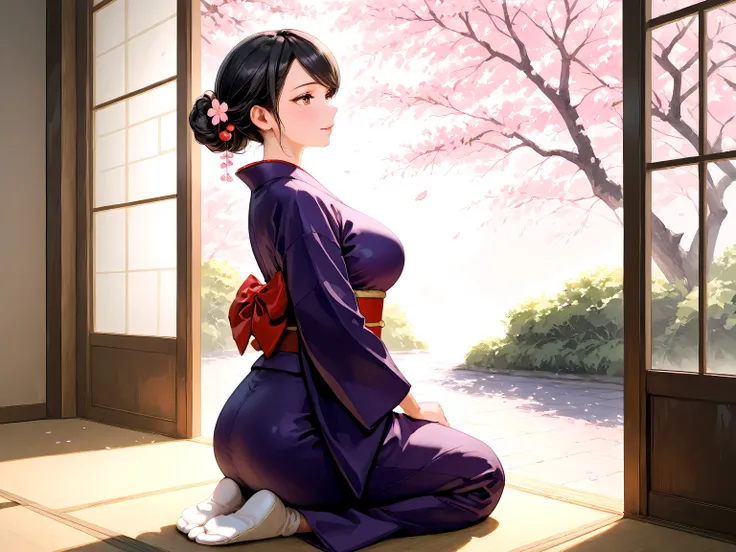 1 girl, 23yo, Japanese girl, A highly detailed and ultra-realistic digital painting of a serene Japanese café with a traditional yet modern aesthetic, washitsu, brown eyes, black hair, shiny hair, long hair, swept bangs, single hair bun, cherry blossoms ha...