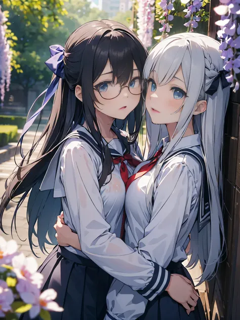 (score_9, score_8_up, score_7_up), source_Anime, absurd_res, white, blue, black, 2girls, duo, multiple girls, upper body, super fine illustration, an extremely delicate and beautiful, best quality, masterpiece, 8K, spring setting, wisteria flowers, gentle ...