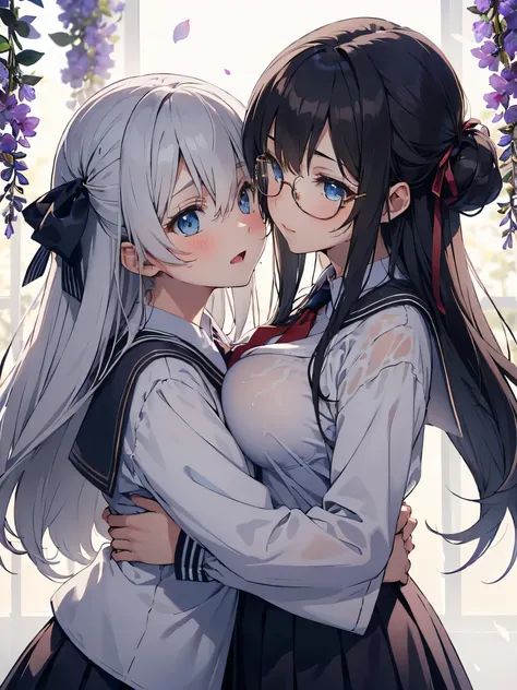 (score_9, score_8_up, score_7_up), source_Anime, absurd_res, white, blue, black, 2girls, duo, multiple girls, upper body, super fine illustration, an extremely delicate and beautiful, best quality, masterpiece, 8K, spring setting, wisteria flowers, gentle ...