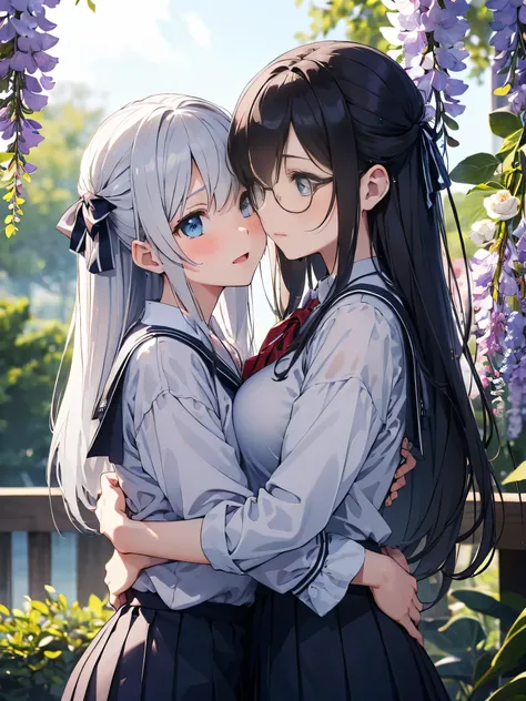 (score_9, score_8_up, score_7_up), source_Anime, absurd_res, white, blue, black, 2girls, duo, multiple girls, upper body, super fine illustration, an extremely delicate and beautiful, best quality, masterpiece, 8K, spring setting, wisteria flowers, gentle ...