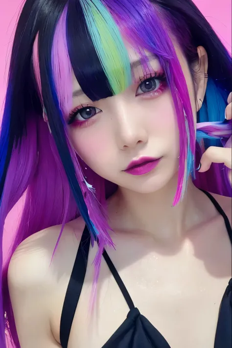 High Quality, real、high resolution, realistic、8k、16k、masterpiece:1.4, details.Impressive、solo、she's wearing a black micro bikini, cutting-edge photo portrait of a woman、black、Cyan、 and purple, ((Her colorful hair is gathered in a high position、Various ha...