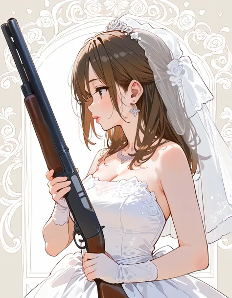 profile,solo,(upperbody),brown mullet,natural cosmetic,adult female hair,full lips,detailed White wedding dress,holding a shotgun,piercing gaze, memorial shot, soft lineart, nostalgic background,