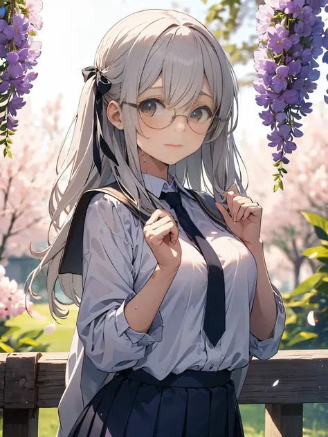 (score_9, score_8_up, score_7_up), source_Anime, absurd_res, white, blue, black, 1girls, solo, multiple girls, upper body, super fine illustration, an extremely delicate and beautiful, best quality, masterpiece, 8K, spring setting, wisteria flowers, gentle...