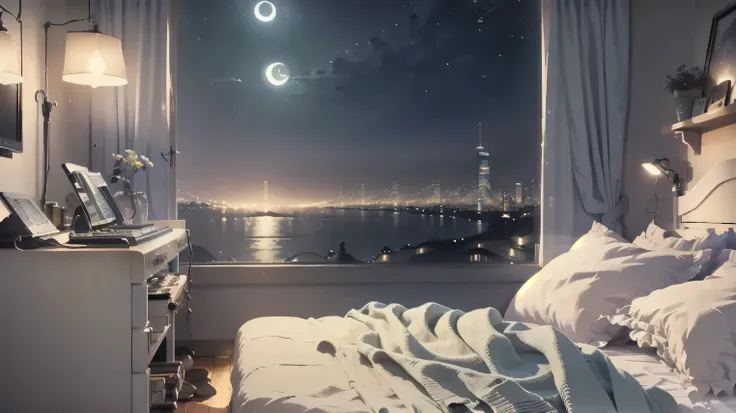 Warm night bedroom, soft light, vinyls, Rhodes piano, city lights outside window, cozy textures, lo-fi vibe, jazz instruments, calm mood, for sleep and relaxation, Ghibli style.