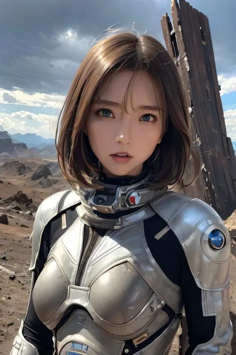 Ultra-high resolution、(Real:1.4)、One beautiful woman、Beautifully detailed eyes and skin、Angry face、Light brown short hair、Small Bust、Intricately designed spacesuit、Wreckage of a large spaceship、Remains of megastructures、wasteland、Valley、Rocky Mountain、Clou...