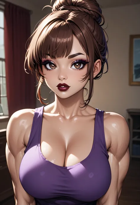 (colored skin, tan skin tone), woman, (perfect face), detailed pupils, (long brown hair tied in a high bun and bangs), black thin eyebrows, brown eyes, purple eyeshadows, black eyeliners, nose, dark red lips, thick lips, parted lips, tank top, purple tank ...
