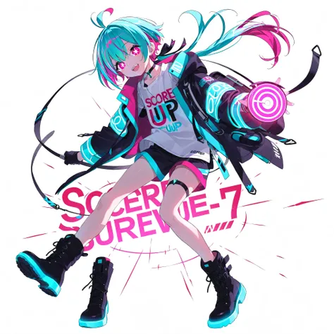 high image quality、High Quality、solo、Shortcut, low ponytail 、 2 color hair、stupid hair、neon light illuminates face 、Boyish clothes、double teeth、thick soled boots、 asymmetric hair 、 simple eyes 、white background、standing, casual shorts with very ...