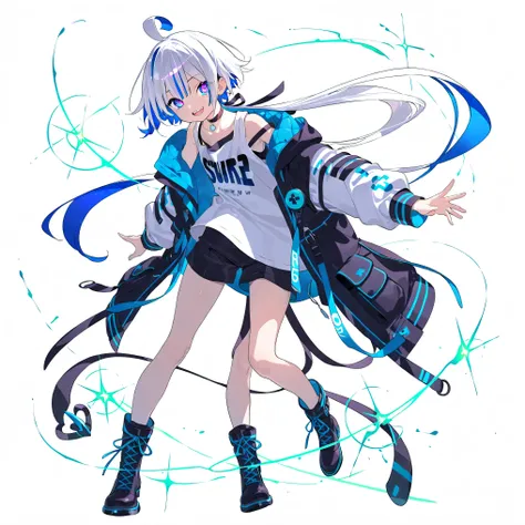 high image quality、High Quality、solo、Shortcut, low ponytail 、 2 color hair、stupid hair、neon light illuminates face 、Boyish clothes、double teeth、thick soled boots、 asymmetric hair 、 simple eyes 、white background、standing, casual shorts with very ...