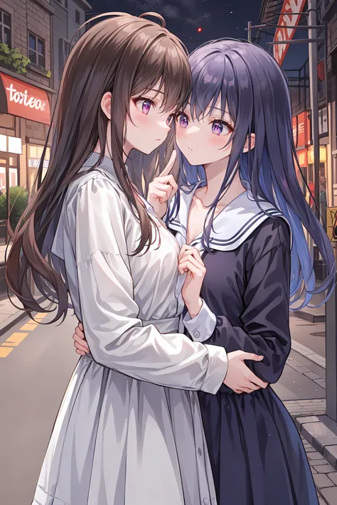 (masterpiece) attention to detail, masterpiece),(high image quality)One couple in their 20s, female1名、Kiss、Romance、Sparkling atmosphere、Glossy appearance、Night City,female(brown medium long hair )close ~ eye、Sweet Sigh、male(Black Disheveled Hair、Y shirt, s...