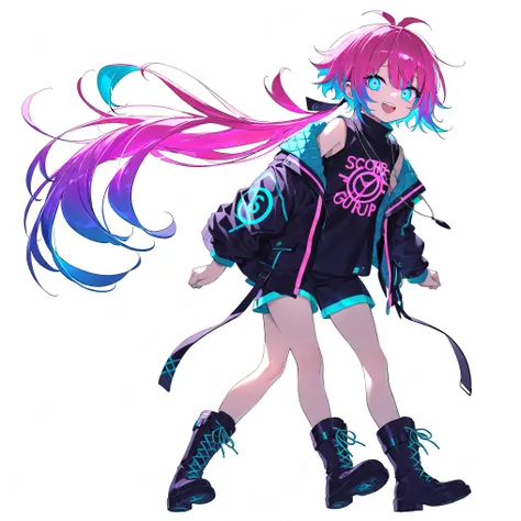 high image quality、High Quality、solo、Shortcut, low ponytail 、 2 color hair、stupid hair、neon light illuminates face 、Boyish clothes、double teeth、thick soled boots、 asymmetric hair 、 simple eyes 、white background、standing, casual shorts with very ...