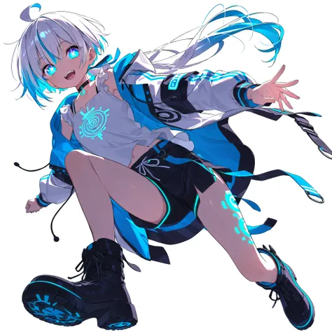 high image quality、High Quality、solo、Shortcut, low ponytail 、 2 color hair、stupid hair、neon light illuminates face 、Boyish clothes、double teeth、thick soled boots、 asymmetric hair 、 simple eyes 、white background、standing, casual shorts with very ...