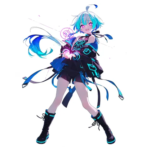 high image quality、High Quality、solo、Shortcut, low ponytail 、 2 color hair、stupid hair、neon light illuminates face 、Boyish clothes、double teeth、thick soled boots、 asymmetric hair 、 simple eyes 、white background、standing, casual shorts with very ...