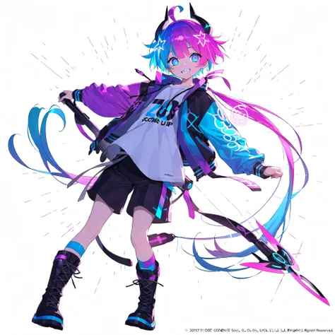 high image quality、High Quality、solo、Shortcut, low ponytail 、 2 color hair、stupid hair、neon light illuminates face 、Boyish clothes、double teeth、thick soled boots、 asymmetric hair 、 simple eyes 、white background、standing, casual shorts with very ...
