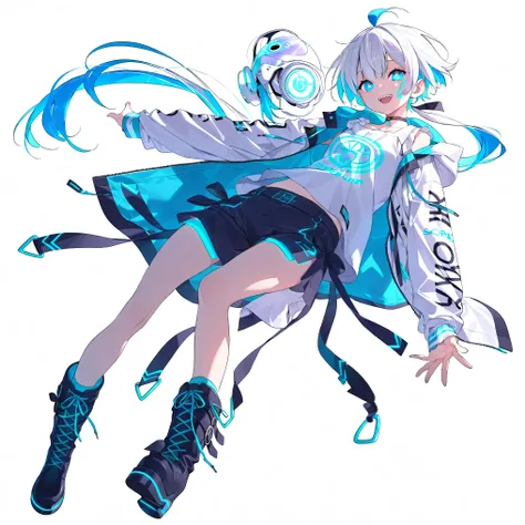high image quality、High Quality、solo、Shortcut, low ponytail 、 2 color hair、stupid hair、neon light illuminates face 、Boyish clothes、double teeth、thick soled boots、 asymmetric hair 、 simple eyes 、white background、standing, casual shorts with very ...