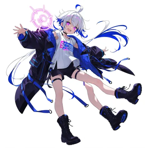 high image quality、High Quality、solo、Shortcut, low ponytail 、 2 color hair、stupid hair、neon light illuminates face 、Boyish clothes、double teeth、thick soled boots、 asymmetric hair 、 simple eyes 、white background、standing, casual shorts with very ...