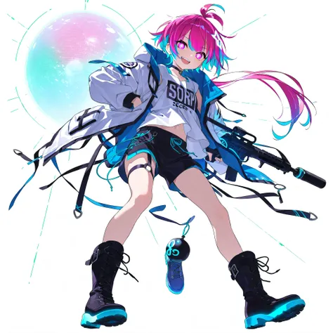high image quality、High Quality、solo、Shortcut, low ponytail 、 2 color hair、stupid hair、neon light illuminates face 、Boyish clothes、double teeth、thick soled boots、 asymmetric hair 、 simple eyes 、white background、standing, casual shorts with very ...