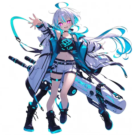 high image quality、High Quality、solo、Shortcut, low ponytail 、 2 color hair、stupid hair、neon light illuminates face 、Boyish clothes、double teeth、thick soled boots、 asymmetric hair 、 simple eyes 、white background、standing, casual shorts with very ...