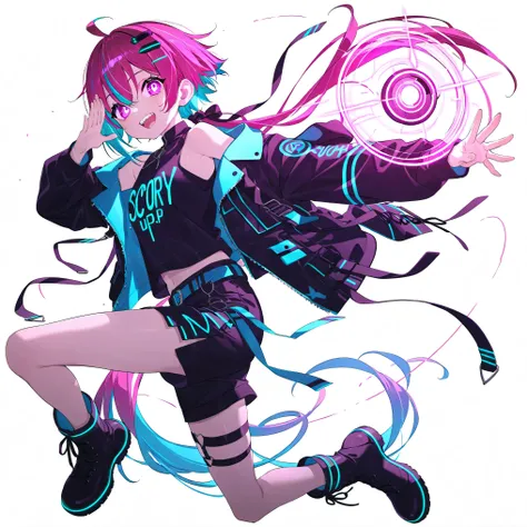 high image quality、High Quality、solo、Shortcut, low ponytail 、 2 color hair、stupid hair、neon light illuminates face 、Boyish clothes、double teeth、thick soled boots、 asymmetric hair 、 simple eyes 、white background、standing, casual shorts with very ...