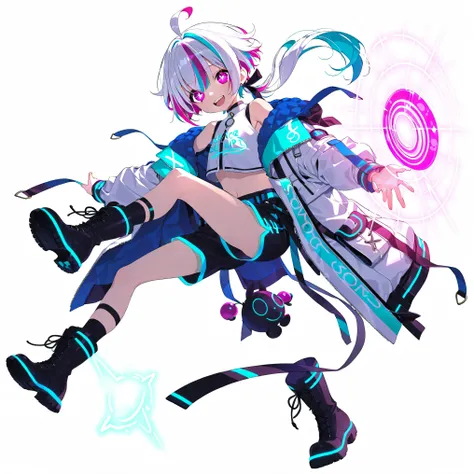 high image quality、High Quality、solo、Shortcut, low ponytail 、 2 color hair、stupid hair、neon light illuminates face 、Boyish clothes、double teeth、thick soled boots、 asymmetric hair 、 simple eyes 、white background、standing, casual shorts with very ...