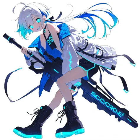 high image quality、High Quality、solo、Shortcut, low ponytail 、 2 color hair、stupid hair、neon light illuminates face 、Boyish clothes、double teeth、thick soled boots、 asymmetric hair 、 simple eyes 、white background、standing, casual shorts with very ...