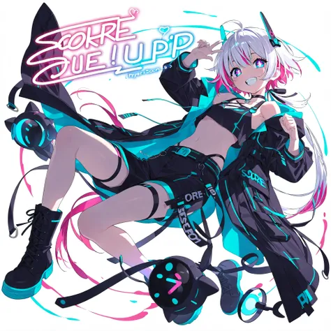 high image quality、High Quality、solo、Shortcut, low ponytail 、 2 color hair、stupid hair、neon light illuminates face 、Boyish clothes、double teeth、thick soled boots、 asymmetric hair 、 simple eyes 、white background、standing, casual shorts with very ...