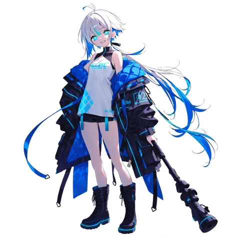 high image quality、High Quality、solo、Shortcut, low ponytail 、 2 color hair、stupid hair、neon light illuminates face 、Boyish clothes、double teeth、thick soled boots、 asymmetric hair 、 simple eyes 、white background、standing, casual shorts with very ...
