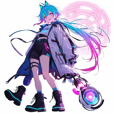 high image quality、High Quality、solo、Shortcut, low ponytail 、 2 color hair、stupid hair、neon light illuminates face 、Boyish clothes、double teeth、thick soled boots、 asymmetric hair 、 simple eyes 、white background、standing, casual shorts with very ...