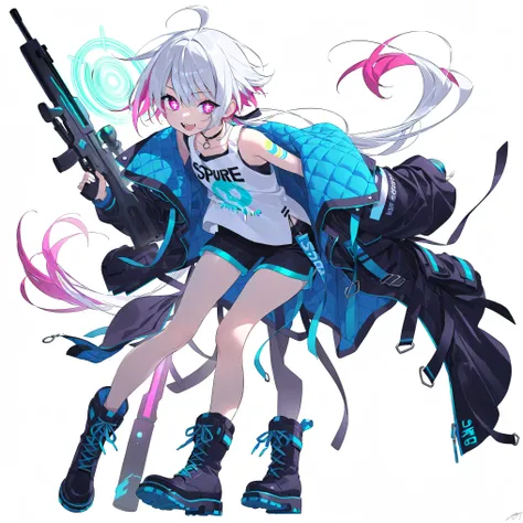 high image quality、High Quality、solo、Shortcut, low ponytail 、 2 color hair、stupid hair、neon light illuminates face 、Boyish clothes、double teeth、thick soled boots、 asymmetric hair 、 simple eyes 、white background、standing, casual shorts with very ...