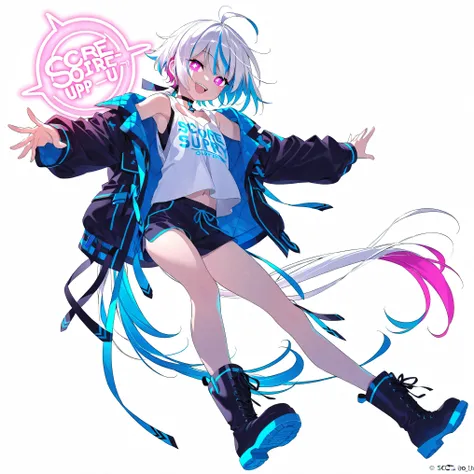 high image quality、High Quality、solo、Shortcut, low ponytail 、 2 color hair、stupid hair、neon light illuminates face 、Boyish clothes、double teeth、thick soled boots、 asymmetric hair 、 simple eyes 、white background、standing, casual shorts with very ...