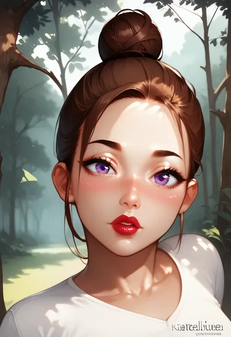 forest, 1girl, (perfect face), bun top knot hair, dark brown hair, black eyebrows, thin eyebrows, black eyeliners, big eyes, purple eyes, blush, bright red lips, thick lips, v-neck shirt, white v-neck shirt, medium breasts