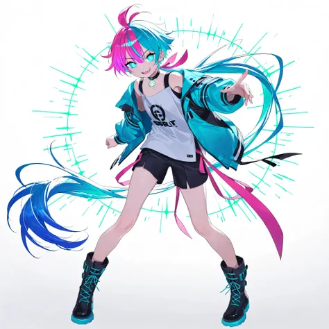 high image quality、High Quality、solo、Shortcut, low ponytail 、 2 color hair、stupid hair、neon light illuminates face 、Boyish clothes、double teeth、thick soled boots、 asymmetric hair 、 simple eyes 、white background、standing, casual shorts with very ...