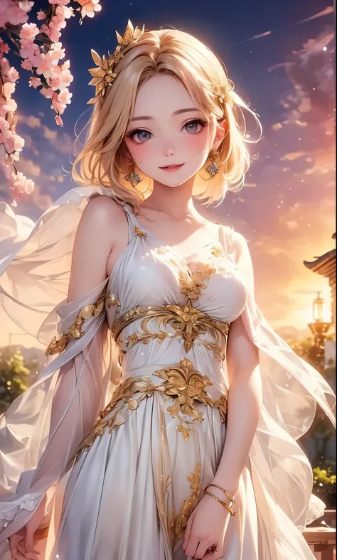 (masterpiece),((Highest Quality)),(perfect anatomy),(Beautiful and luxurious:1.2),1 girl on break day,happy expression,small breasts,((Golden Hair Beauty)), beautiful shrine garden , Transparency,short hair,gentle color,pastel color,Cinematic Lighting,(Hi...
