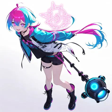 high image quality、High Quality、solo、Shortcut, low ponytail 、 2 color hair、stupid hair、neon light illuminates face 、Boyish clothes、double teeth、thick soled boots、 asymmetric hair 、 simple eyes 、white background、standing, casual shorts with very ...