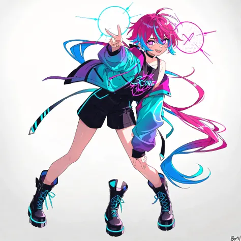 high resolution、High Quality、solo、Shortcut, low ponytail 、 2 color hair、stupid hair、neon light illuminates face 、Boyish clothes、double teeth、thick soled boots、 asymmetric hair 、 simple eyes 、white background、standing, casual shorts with very int...