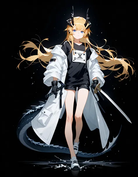 Solo, boy, androgynous boy, facing the viewer, golden hair, Alice Zuberg hairstyle from Sword Art Online, long bangs, long hair, blue eyes, perfect anatomy, student, similar to Nian from Arknights, black horns, four horns, horns like Reed's from Arknight, ...
