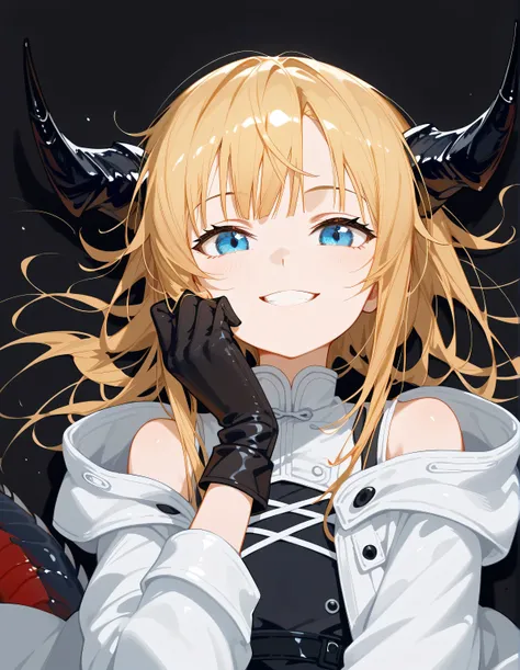 solo, boy, androgynous boy, facing the viewer, golden hair, hair style Alice Zuberg from Sword Art Online, long bangs, blue eyes, perfect anatomy, student, similar to Nian from Arknights, black horns like Reed's in Arknights, fierce face, provocative face,...