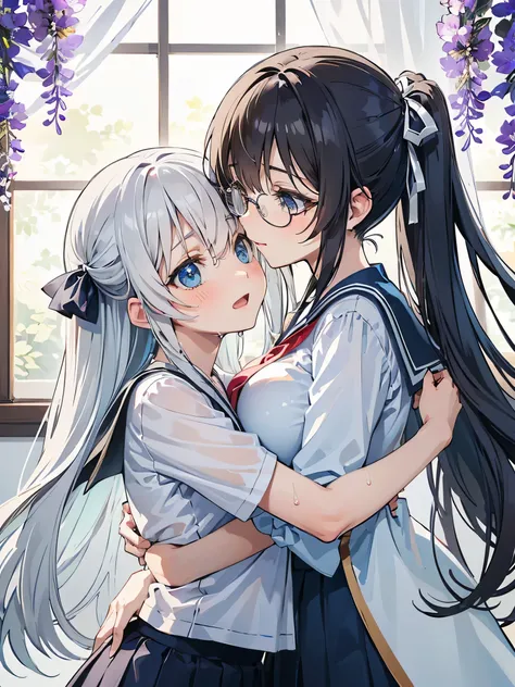 (score_9, score_8_up, score_7_up), source_Anime, absurd_res, white, blue, black, 2girls, duo, multiple girls, upper body, super fine illustration, an extremely delicate and beautiful, best quality, masterpiece, 8K, spring setting, wisteria flowers, gentle ...