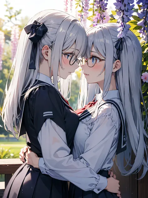 (score_9, score_8_up, score_7_up), source_Anime, absurd_res, white, blue, black, 2girls, duo, multiple girls, upper body, super fine illustration, an extremely delicate and beautiful, best quality, masterpiece, 8K, spring setting, wisteria flowers, gentle ...