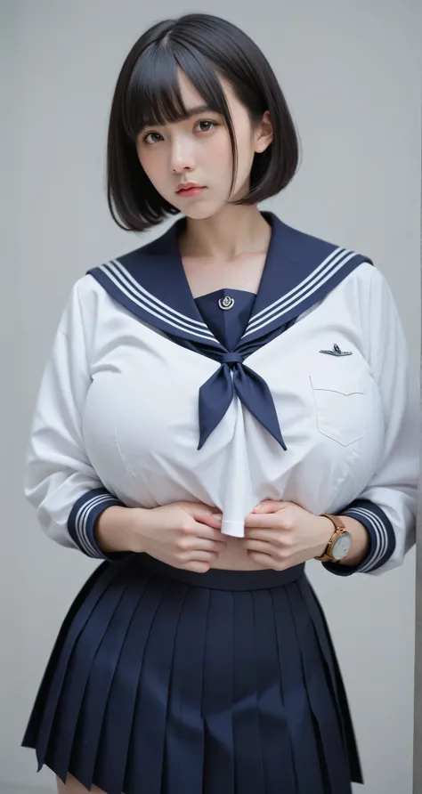 (1 girl,Highest Quality,8k,high resolution,realistic pictures:1.2),(cute girls,gravure idol),bob cut,dull bangs,thin waist,about,pale skin,(sailor suit jacket ,navy very short pleated miniskirt,Panchira:1.3),(Hyper Big Breasts :4.57),((Black hair with)),(W...