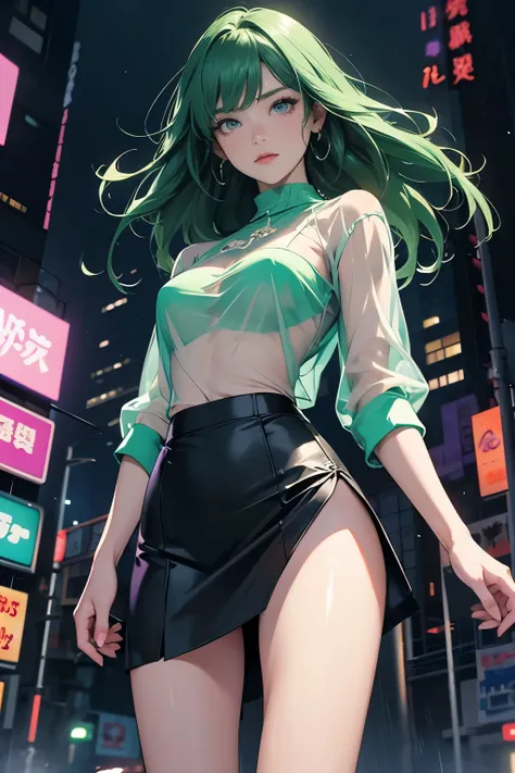 anime、HD Images、high resolution、Woman looking towards you、A very dark scene、angry expression、green hair、PURPLE EYES、and my legs are wide open、 downpour、 Night Park、night city 、cyberpunk、neon sign、transparent blouse、short tight skirt、Night Park、Strong winds...