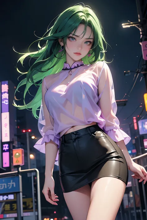 anime、HD Images、high resolution、Woman looking towards you、A very dark scene、angry expression、green hair、PURPLE EYES、and my legs are wide open、 downpour、 Night Park、night city 、cyberpunk、neon sign、transparent blouse、short tight skirt、Night Park、Strong winds...