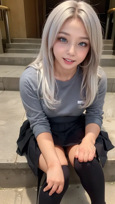 small cute girl, ​(masterpiece:1.4), (8k), (realistic), Raw photo, (top-quality:1.4), (1girl in)beauitful face, (Real Face:1.4), (White hair:1.3, long hair:1.3), Beautiful hairstyle, Beautiful Detail Eye, (Real Skin:1.3), Beautiful skin, enticing, high res...