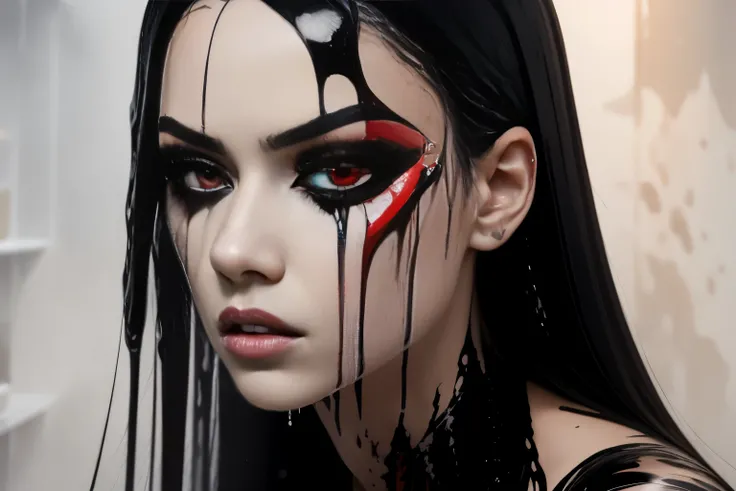 Young woman with black hair, perfect proportions, (detailed eyes, Vision correction, red eyes), long straight hair, anger and resentment, ((  More splashes of liquid paint  )), posing for a photo, side view, (abstract art:1.6), ( Delicate images ), (photor...