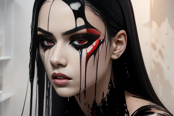Young woman with black hair, perfect proportions, (detailed eyes, Vision correction, red eyes), long straight hair, anger and resentment, ((  More splashes of liquid paint  )), posing for a photo, side view, (abstract art:1.6), ( Delicate images ), (photor...