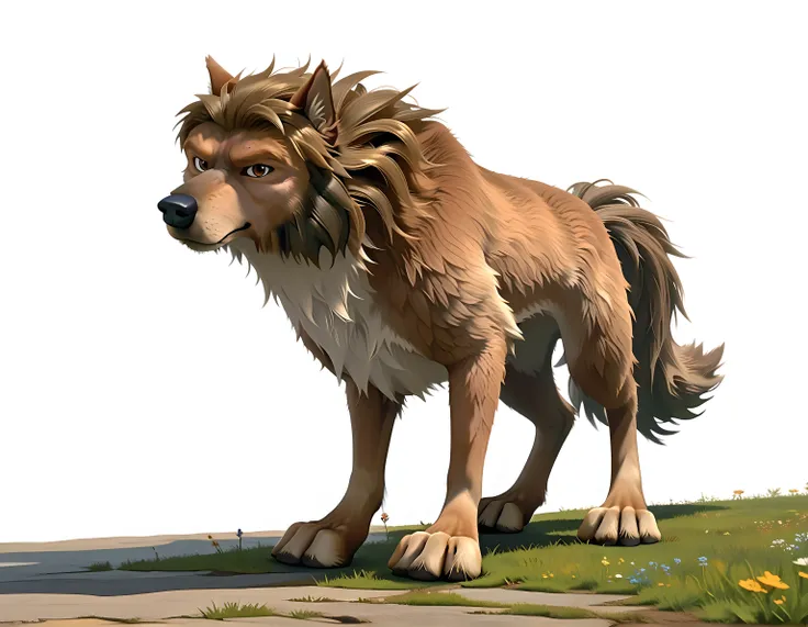 --AO, full view, full body, looking at viewer, feral, wolf, old wolf, male, brown eyes, tail, solo, (white background, simple background), proud, standing tall, strong body, muscular, muscular forelegs, muscular hindlegs, looking at viewer, 