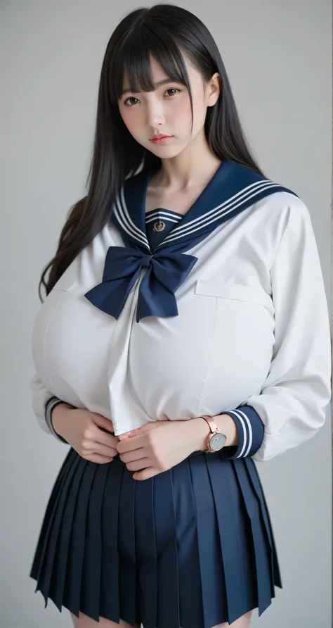 (1 girl,Highest Quality,8k,high resolution,realistic pictures:1.2),(cute girls,gravure idol),long hair,dull bangs,thin waist,about,pale skin,(sailor suit jacket ,navy very short pleated miniskirt,Panchira:1.3),(((Hyper Big Breasts :4.57))),((Black hair wit...