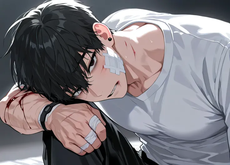 alone, white shirt, pants, eyes with raised eyebrows, man, handsome,  cut, wound, hurt, blood, gauze covered cheek, wounded hand,    , face close-up, upper body, 1male , black hair , handsome, seductive , sexy ,piercing crimson eyes, deep scar across his l...