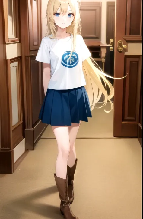1girl, standing (Anatomically Correct body 1.6 ) Blonde anime girl with long hair of (eye Yellow Navy blue t-shirt and light blue skirt (color) And brown boots 1.6)